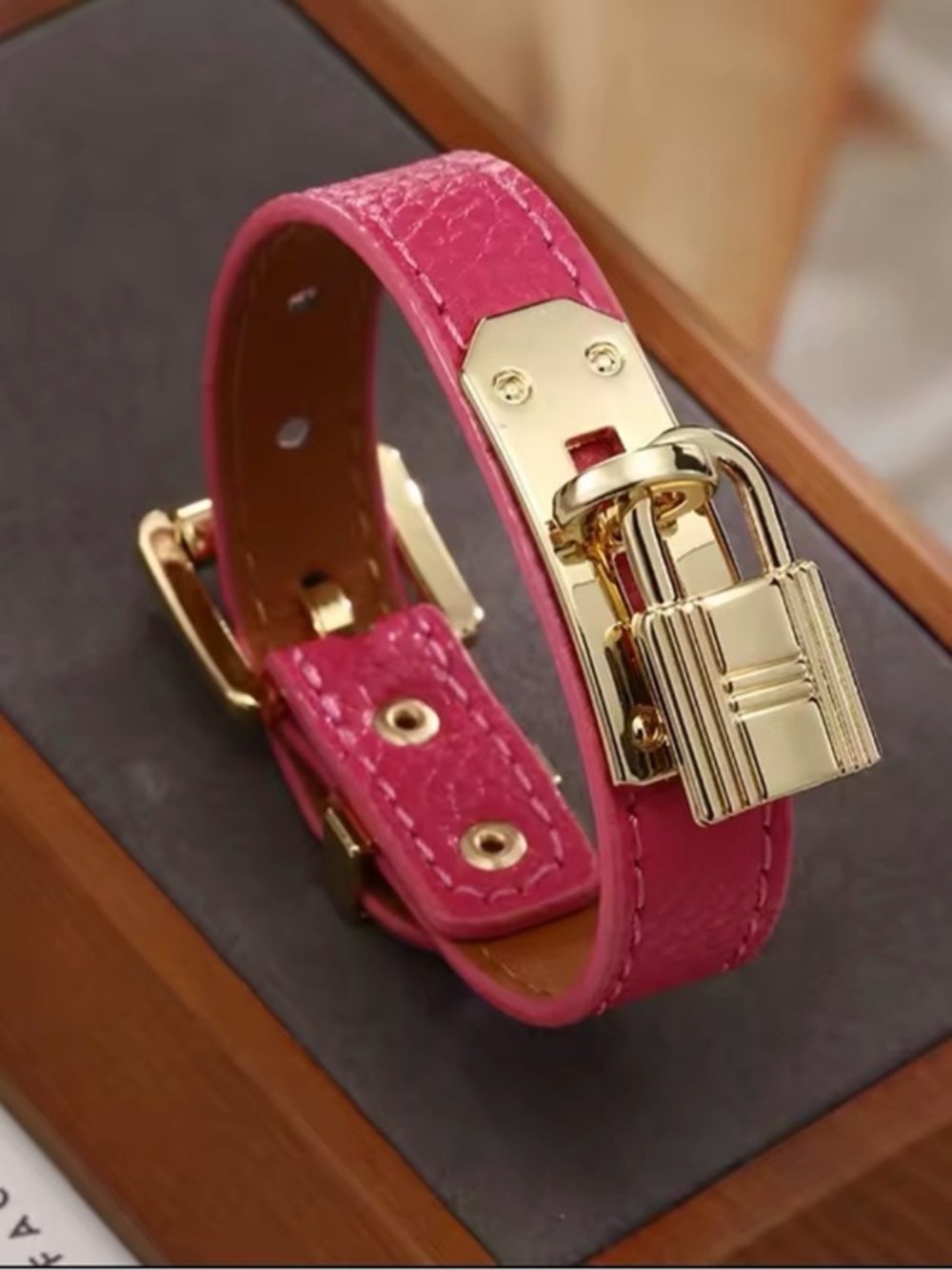 Gold Lock  Pink Leather Bracelet